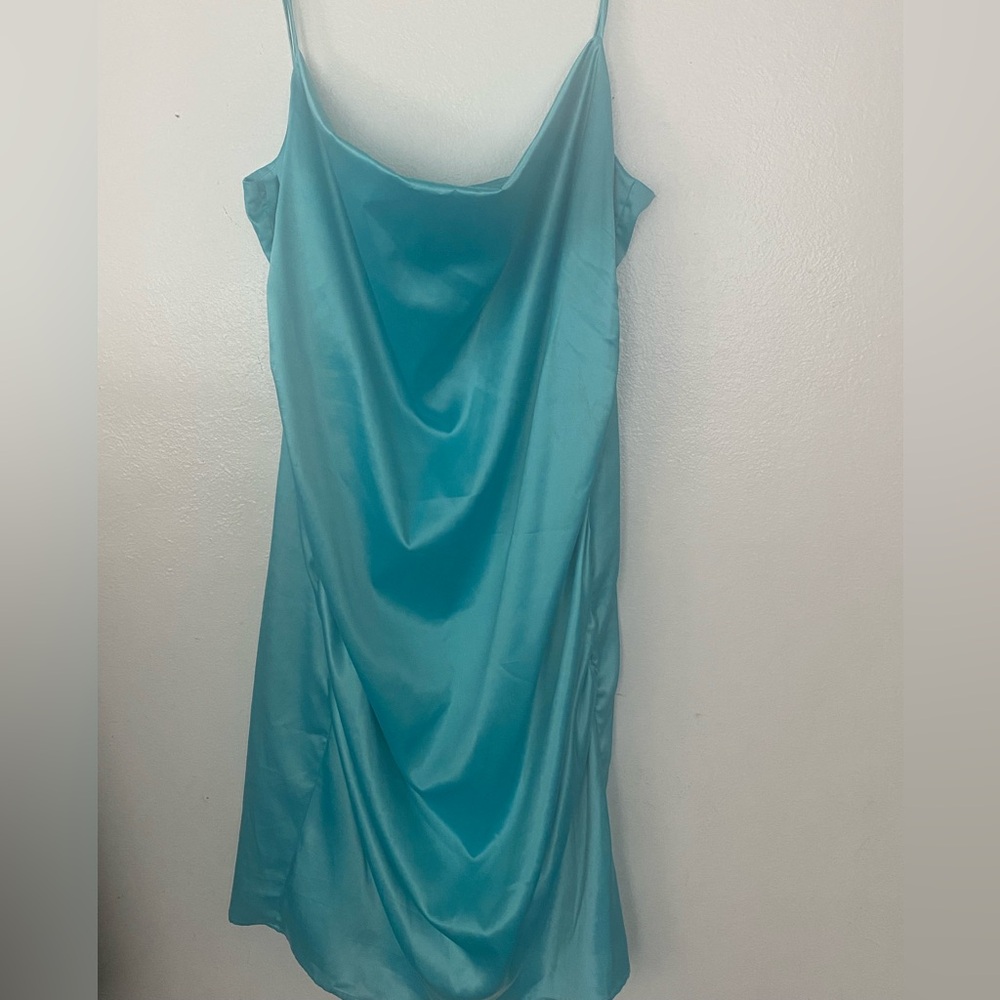 Fashion Nova Aqua Satin Midi Dress